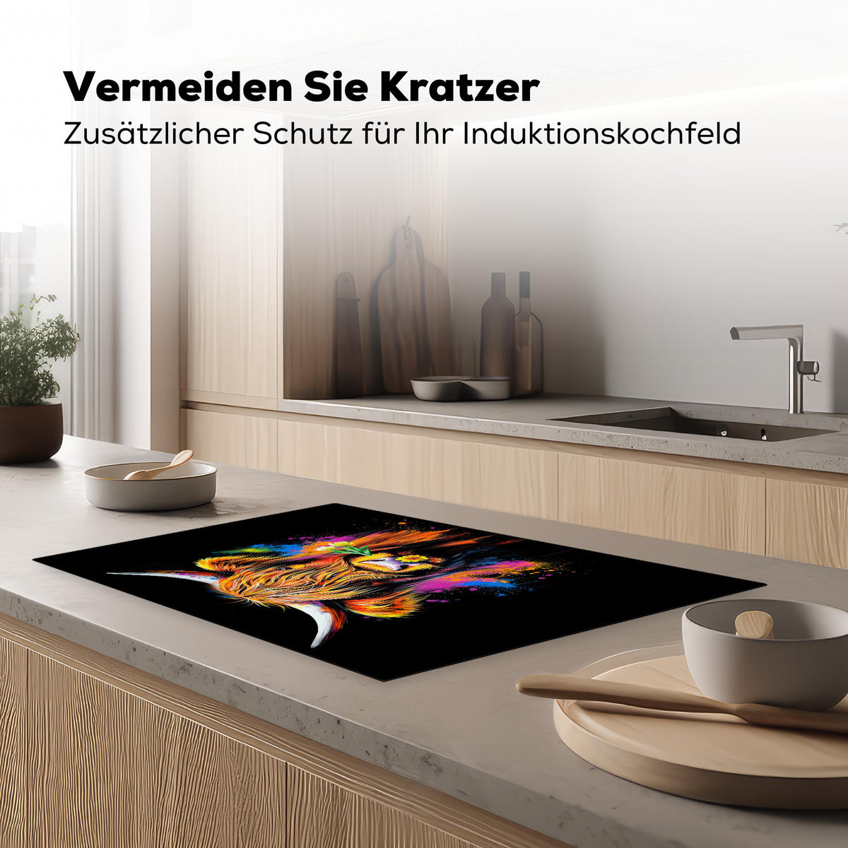 HERDABDECKPLATTE Schottischer Highlander - Graffiti - Bunt - Blume - Tiere Ceranfeldabdeckung 80x52 cm - Multicolor, Kunststoff (80/52/0.2cm) - MuchoWow