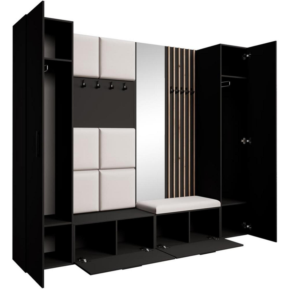 GARDEROBE Margaret XL 242/203/43 mit gepolsterten Paneelen/Lamellen/Spiegel - Beige/Schwarz, Holzwerkstoff/Kunststoff (242/203/43cm) - Beautysofa