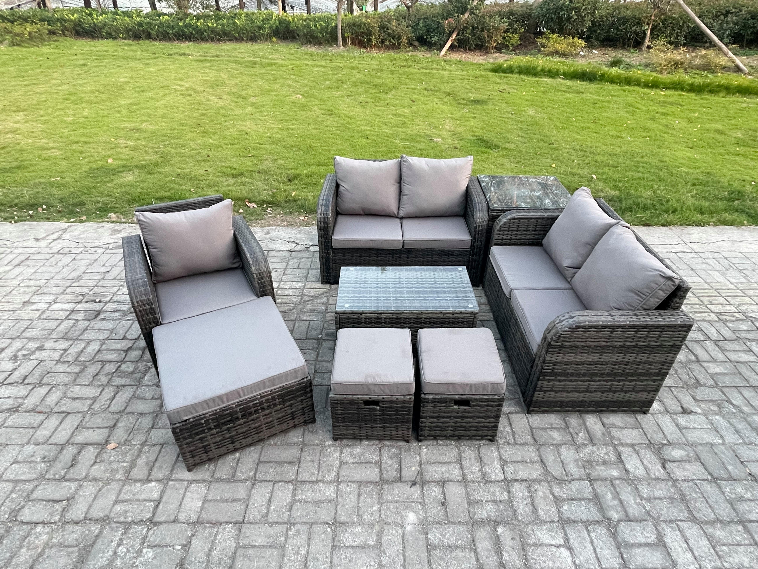 LOUNGESOFA-SET Polyrattan Dunkelgrau 8-Sitzer - Dunkelgrau, Metall - Fimous