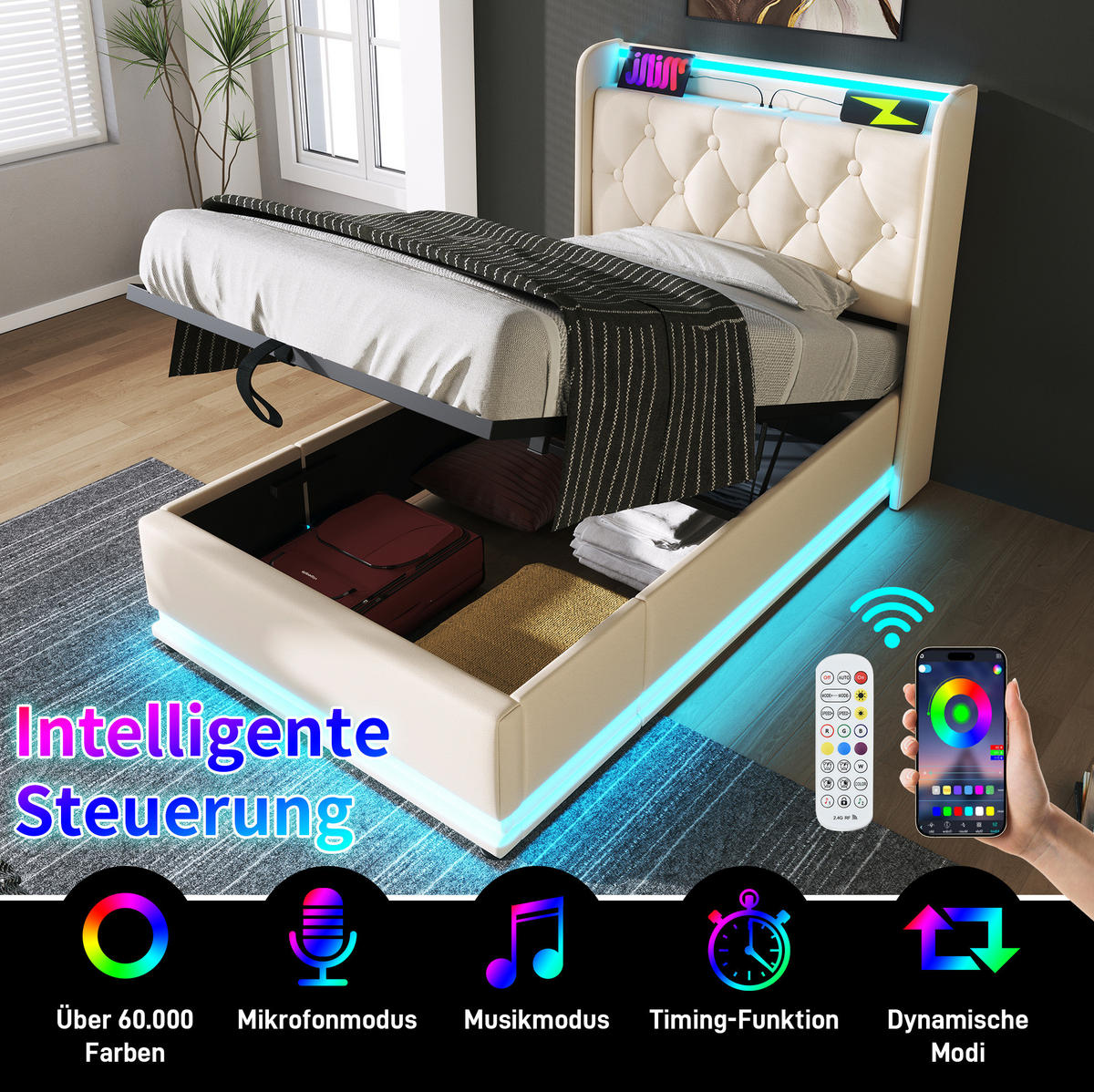 POLSTERBETT 90/200 cm in Weiß mit LED-Beleuchtung, Stauraum und USB/Type-C - Weiß, Kunststoff (90/200cm) - Flora Grace