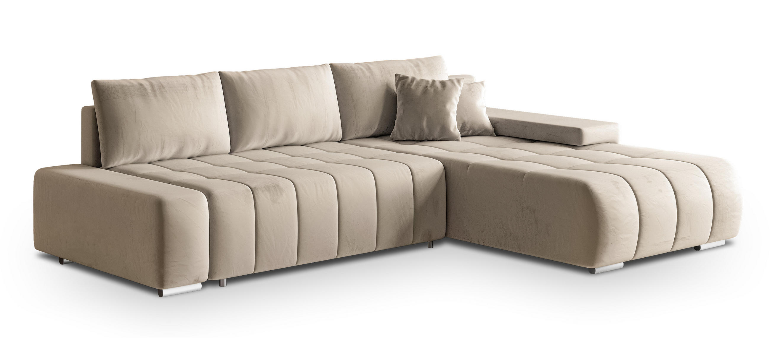 ECKSOFA ALESE R-S Creme Velours-Stoff mit Schlaffunktion - Creme, Holz (265/185cm) - MASSENO
