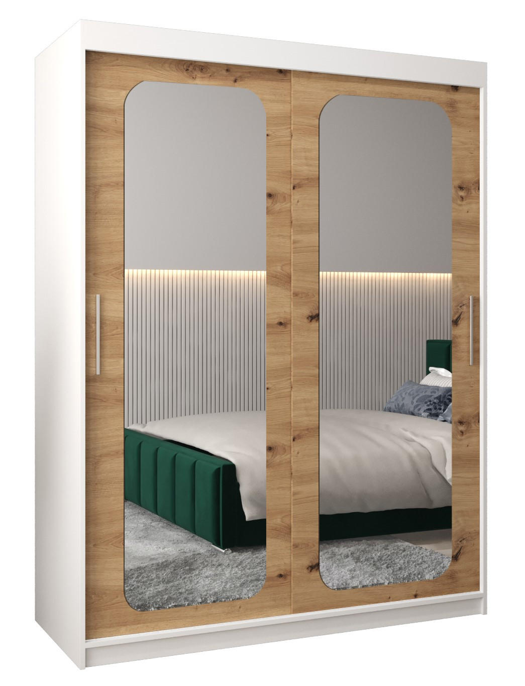 Abiks Möbel Schwebetürenschrank Weiß, Eiche Artisan 150x200x62 cm