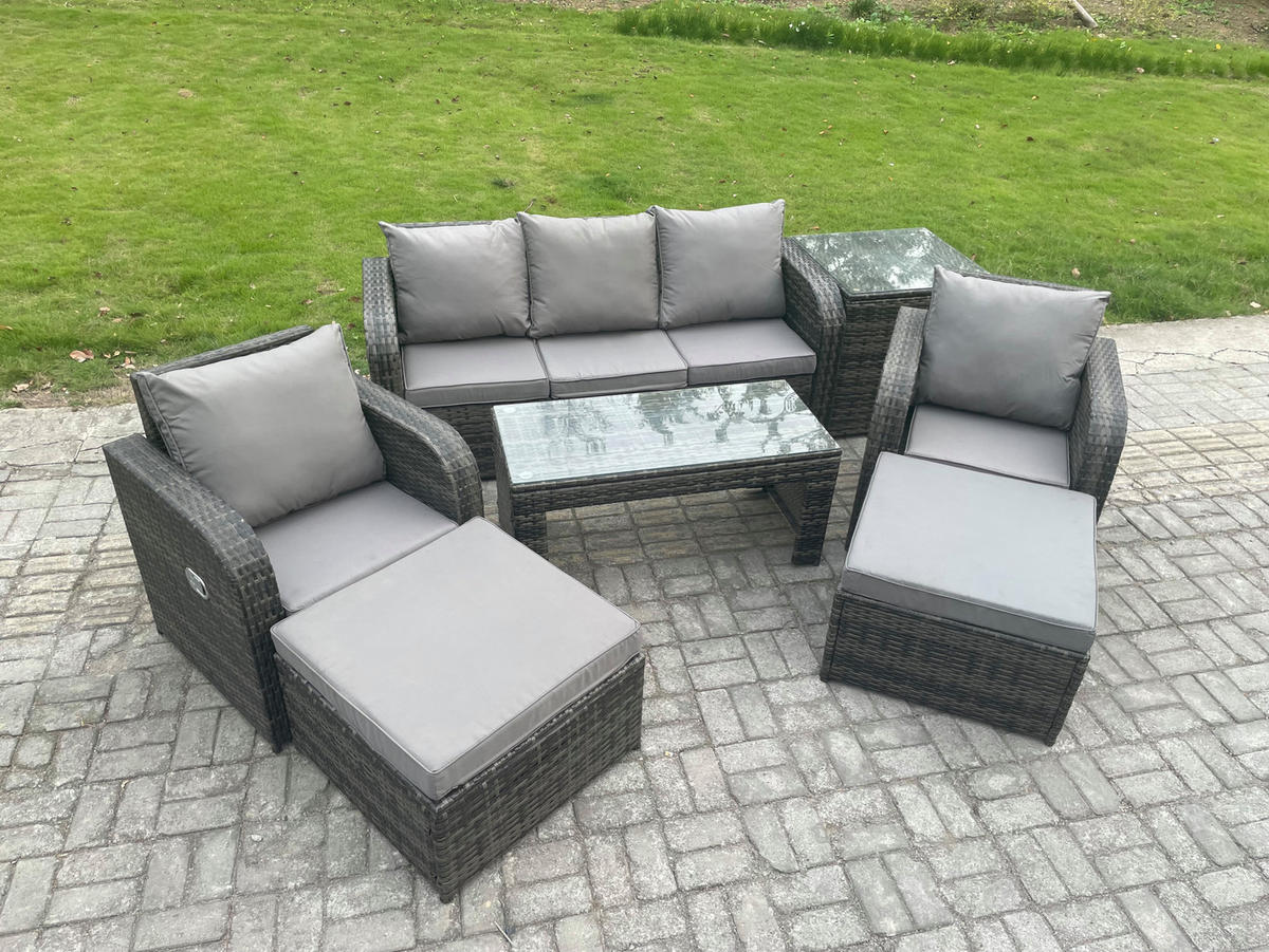 GARTENSOFA SET mit LIEGESTUHL Polyrattan 7-Sitzer Dunkelgrau - Dunkelgrau/Grau, Glas/Kunststoff - Fimous