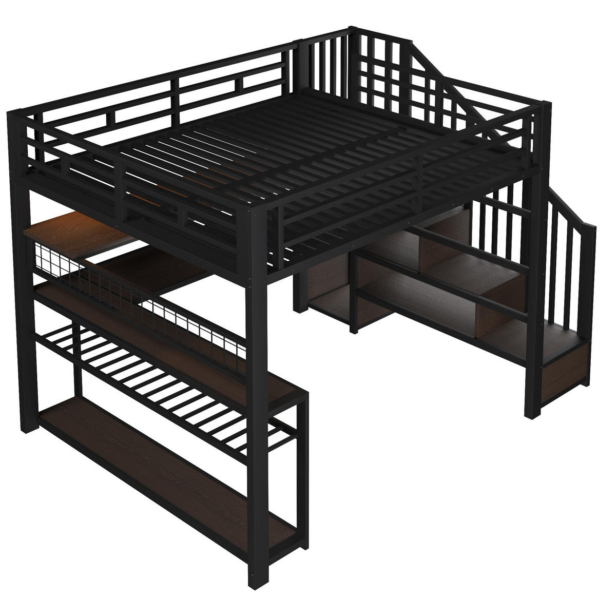 HOCHBETT 140/200 cm mit LED, Schreibtisch, Kleiderschrank und Stauraum - Schwarz, Metall (140/200cm) - MIVRAY