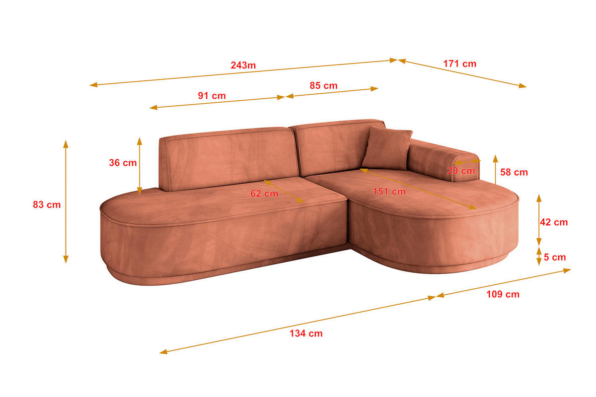 ECKSOFA Ottomane Rechts MARI-L1-v3 - 243x171x83 cm Koralle Velours - Koralle/Schwarz, Holzwerkstoff/Kunststoff (171/243cm) - ALTDECOR