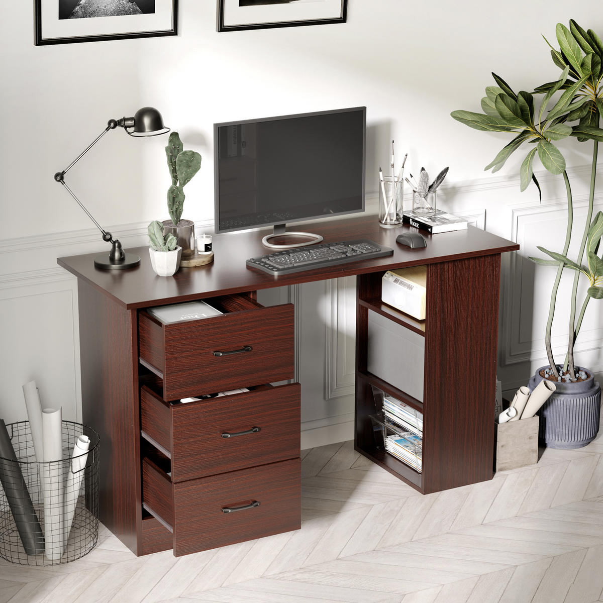 SCHREIBTISCH Nussbaumoptik mit 3 Schubladen und 3 Regalfächern 120/49/72 cm - Walnussfarben, Holzwerkstoff (49/120/72cm) - PANGIVO