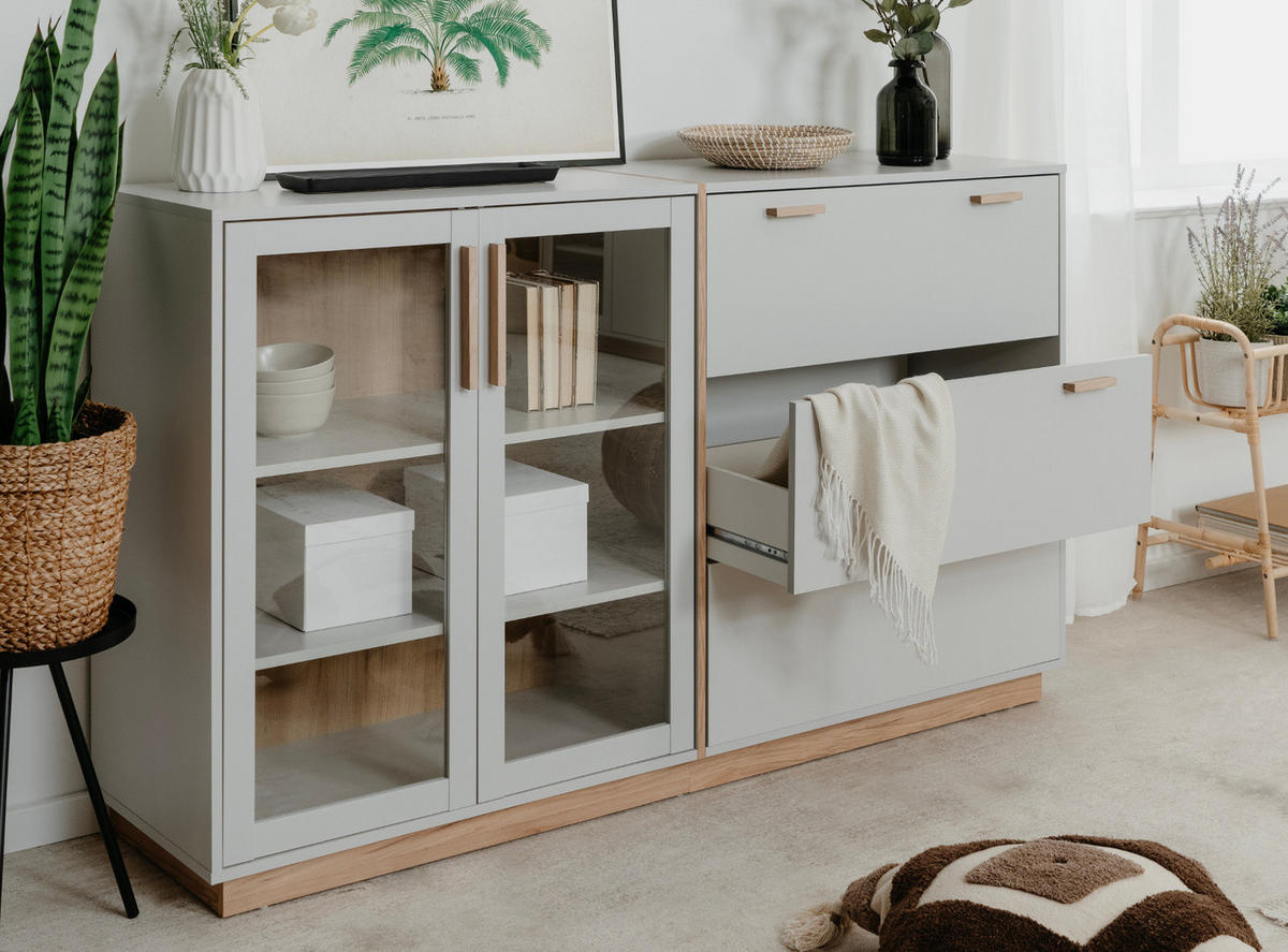 SIDEBOARD grau, Hickory Walnuss 163 cm, Kommode mit Glastüren - Walnussfarben/Grau, Glas/Holzwerkstoff (162.5/94/40cm) - Furn.Design