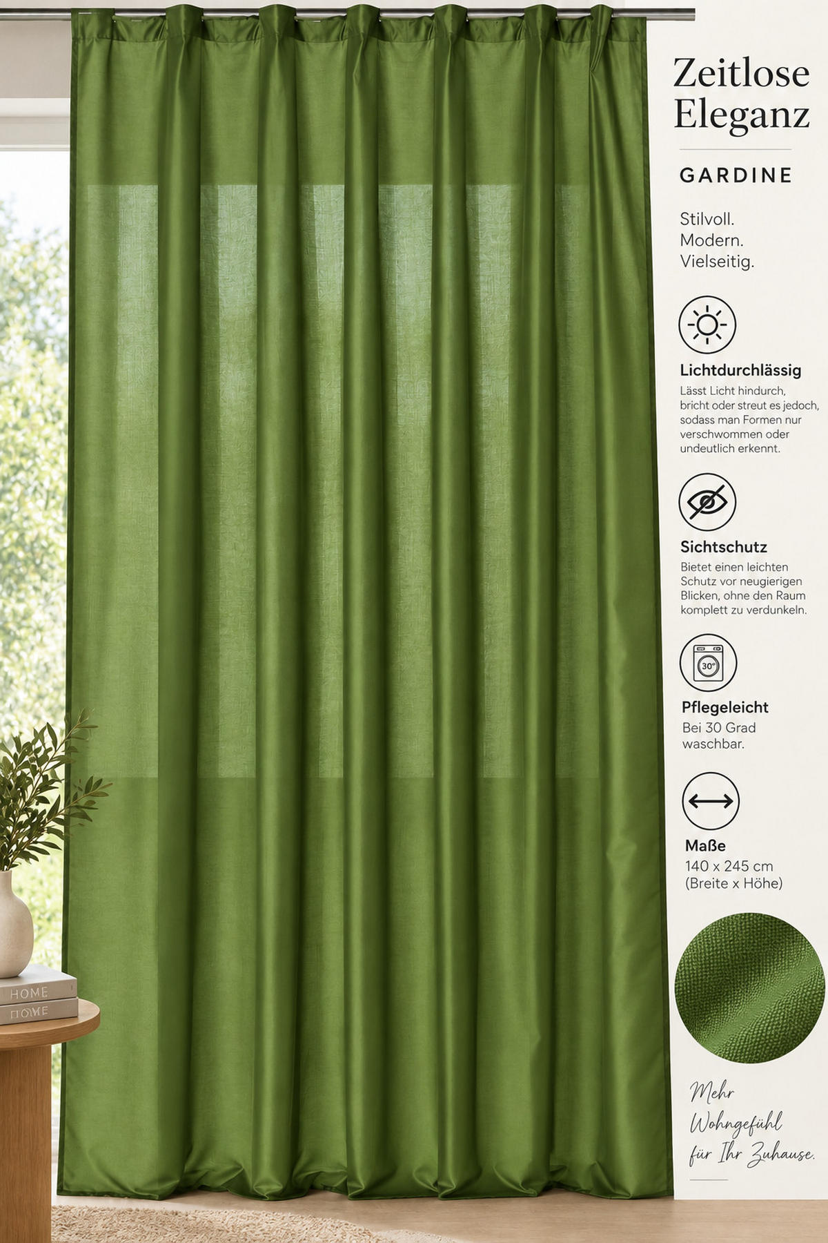 VORHANG Kräuselband 140/245 cm Dunkelgrün Wildseiden Optik - Dunkelgrün, Textil (140/245cm) - TiborTex