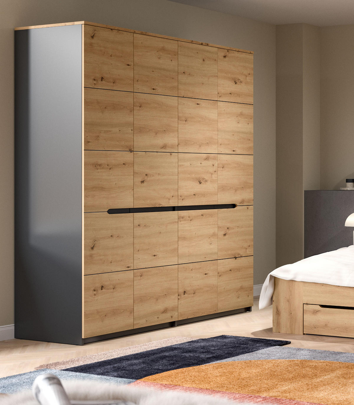 KLEIDERSCHRANK Eiche Artisan, grau 4-türig 180 cm, Drehtürenschrank mit Soft-Close - Eiche Artisan/Grau, Holzwerkstoff/Metall (180/198/59cm) - Inn.Furn