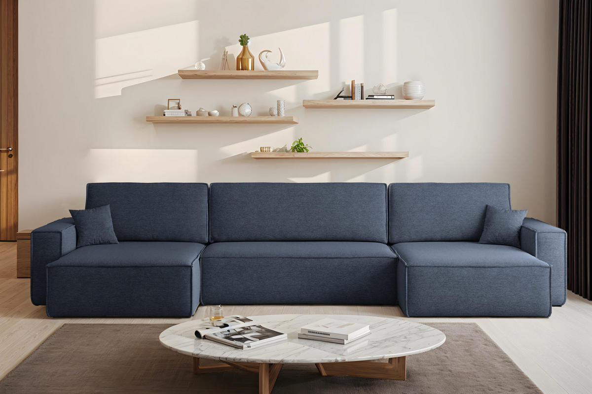 ECKSOFA Mit Schlaffunktion Und Bettkasten, Eckcouch BEST U XL Stoff Verita Marineblau - Dunkelblau, Holz (142/372cm) - Kaiser Möbel
