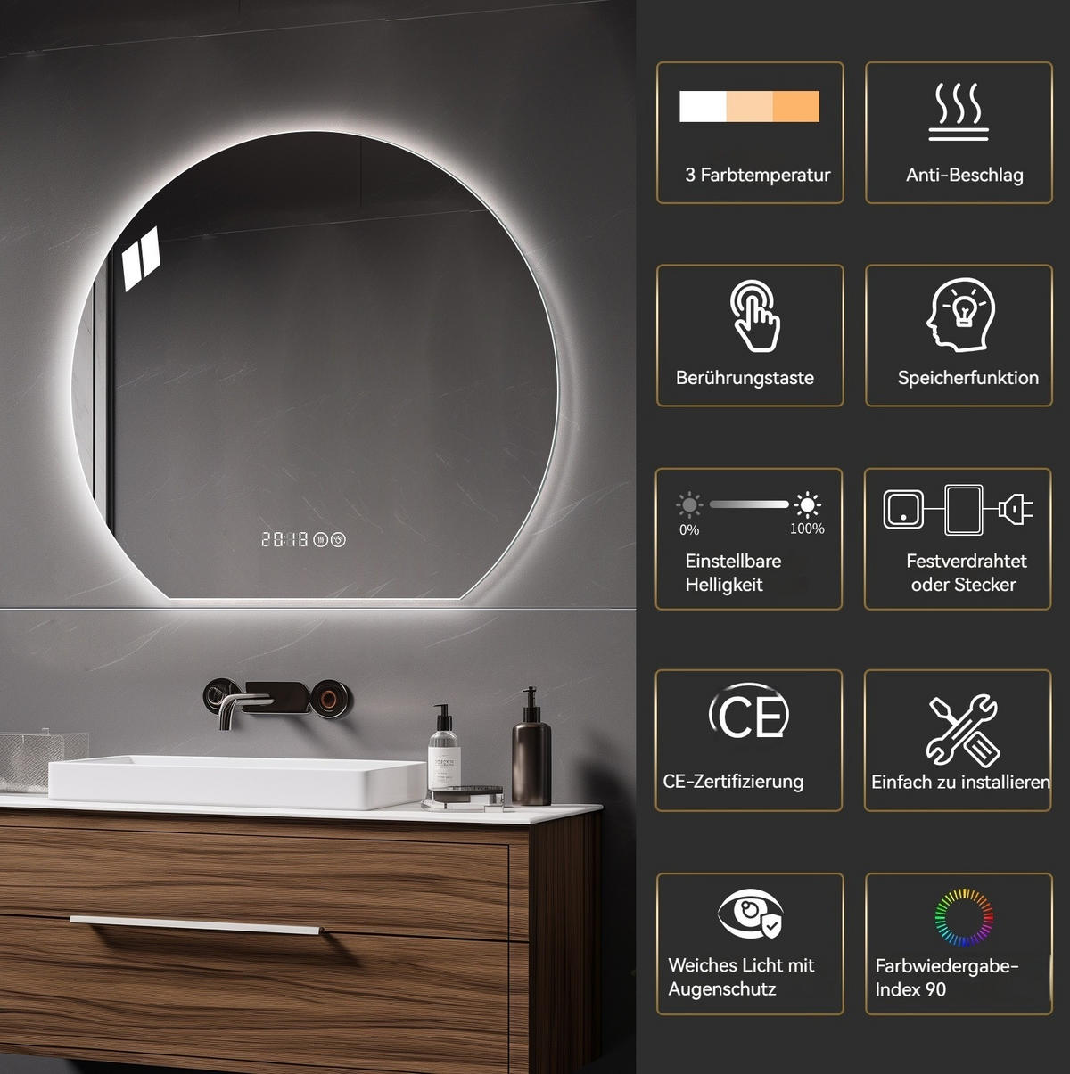 LED Badezimmerspiegel 80x72x2.5cm Silber, dimmbar mit 3 Lichtfarben, Entspiegelung & Smart-Display - Silberfarben, Glas (2.5/80/72cm) - Modfu