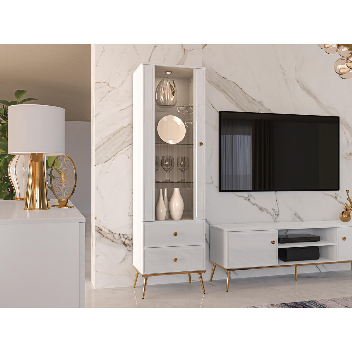 VITRINE Darrby Weiß - Goldfarben/Weiß, Holzwerkstoff/Metall (55/190/40cm) - Selsey