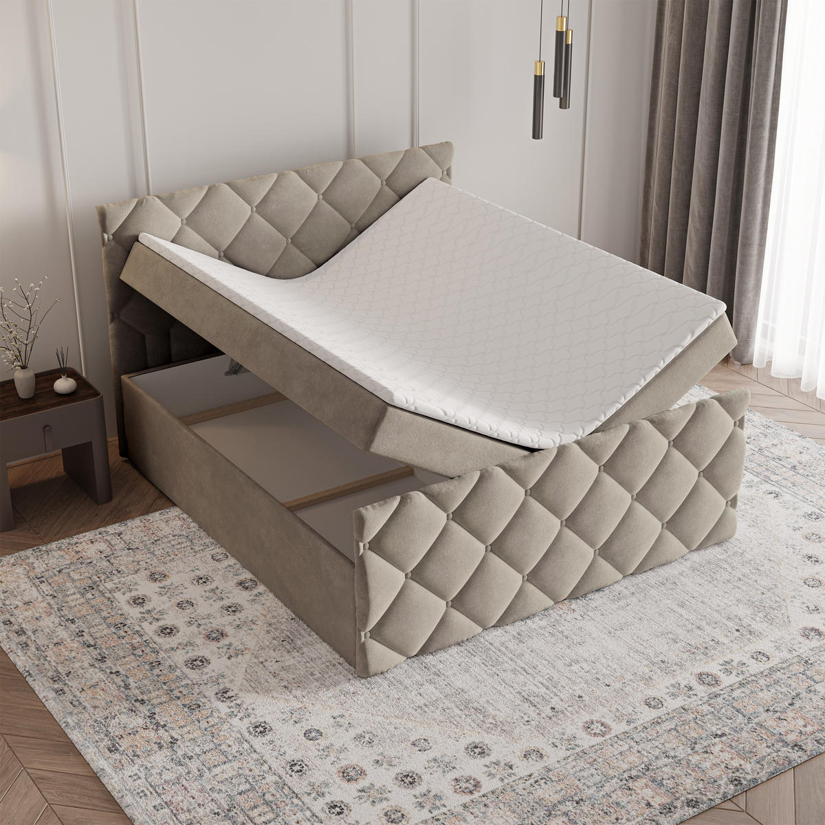 BOXBETT ROVARI 180x200 cm mit Matratze und Topper - Beige - Beige, Holz (180/200cm) - MASSENO