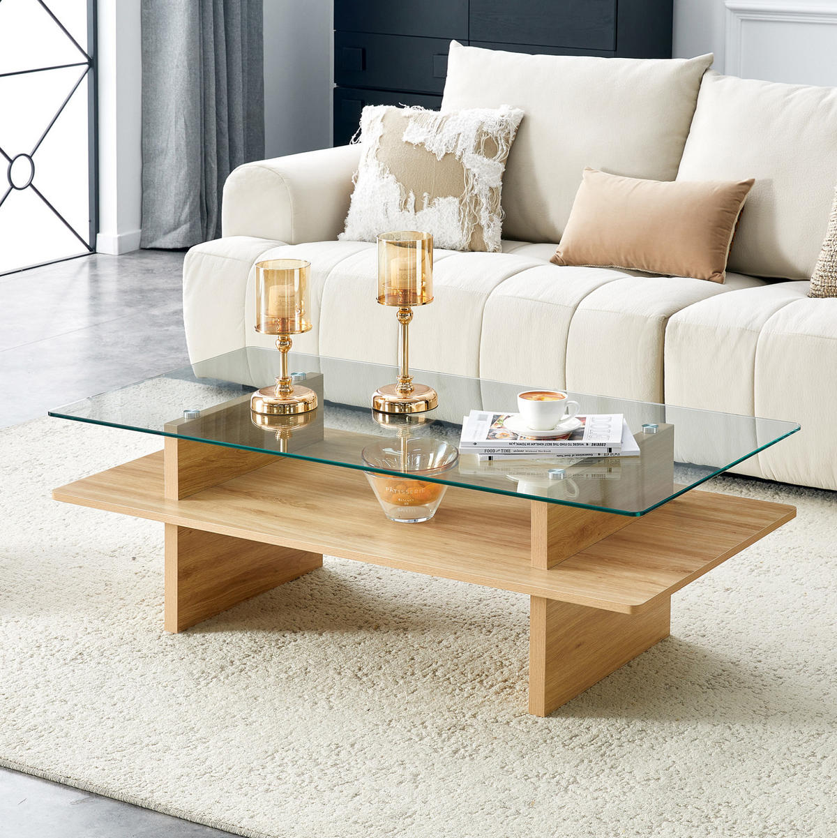 COUCHTISCH aus MDF und gehärtetem Glas in Naturfarben mit 2 Ablagen - Naturfarben, Holzwerkstoff (115/55/40cm) - Modfu