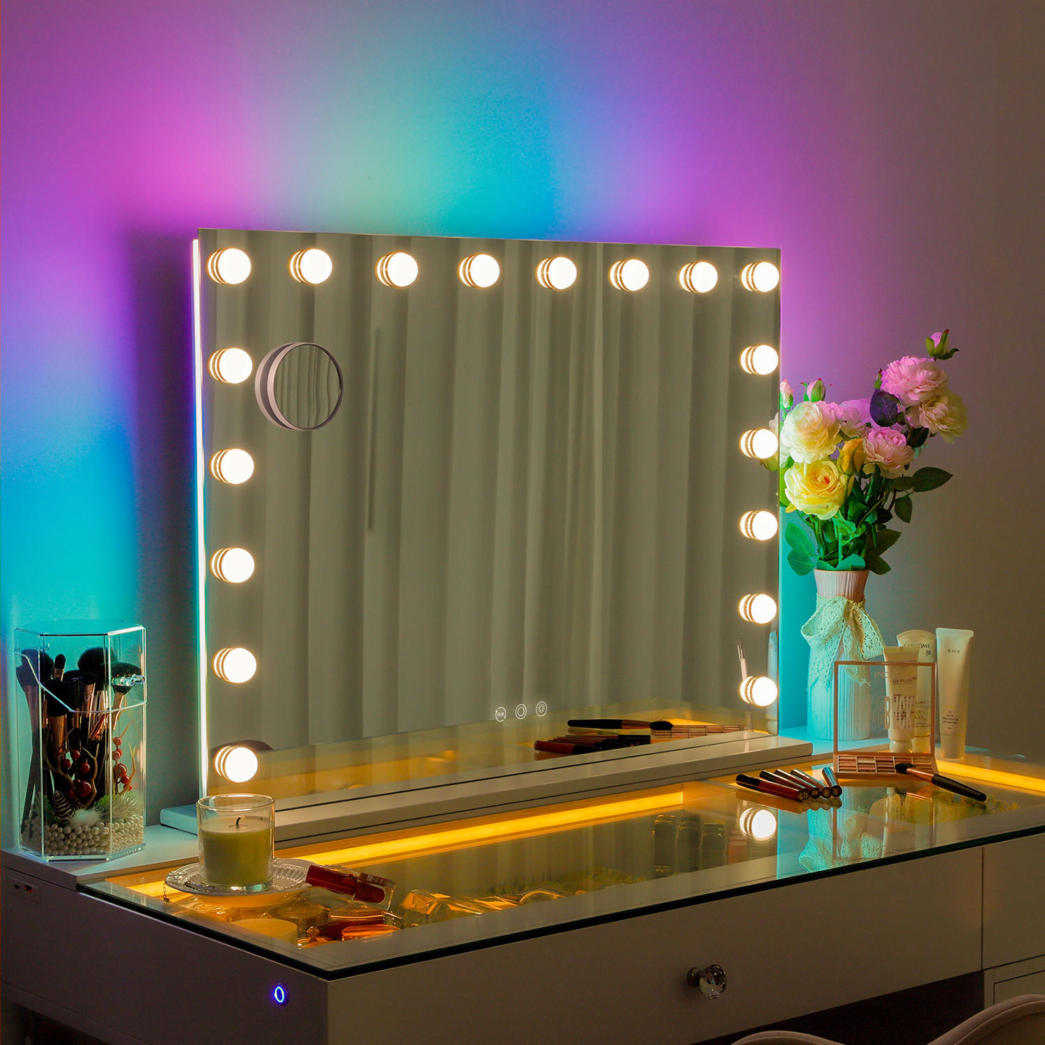 SCHMINKSPIEGEL mit LED-Beleuchtung und RGB-Hintergrundbeleuchtung weiß 80/58 cm - Weiß, Metall (80/58/3cm) - VANITII
