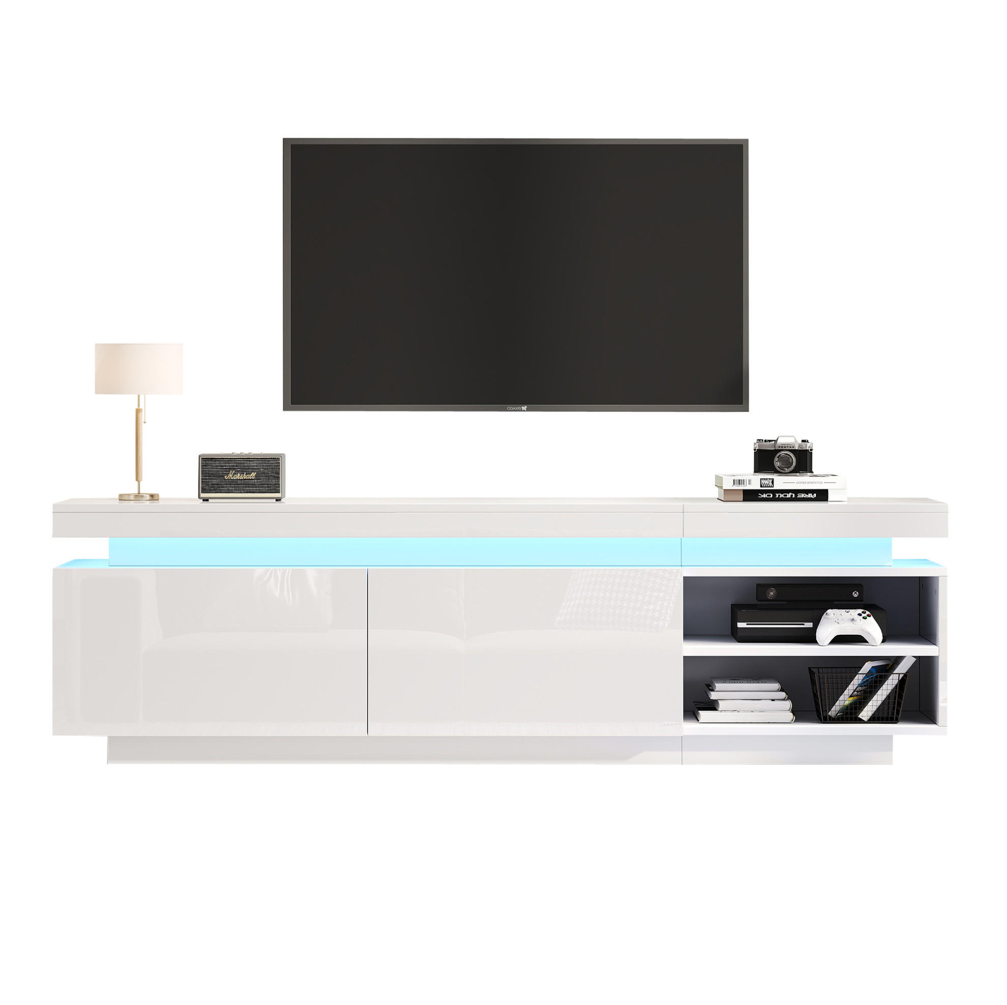 TV-SCHRANK 170/35/50 cm weiß Hochglanz mit LED-Beleuchtung für TVs bis 70 Zoll - Weiß, Holzwerkstoff (170/50/35cm) - OKWISH