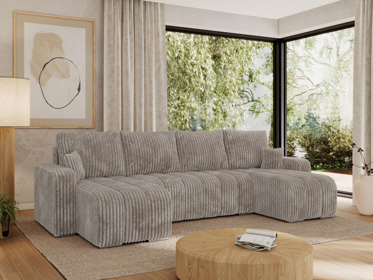 WOHNLANDSCHAFT KIRASSO U Hellbraun Cord - Hellbraun/Grau, Textil/Metall (320/86/147cm) - MKS