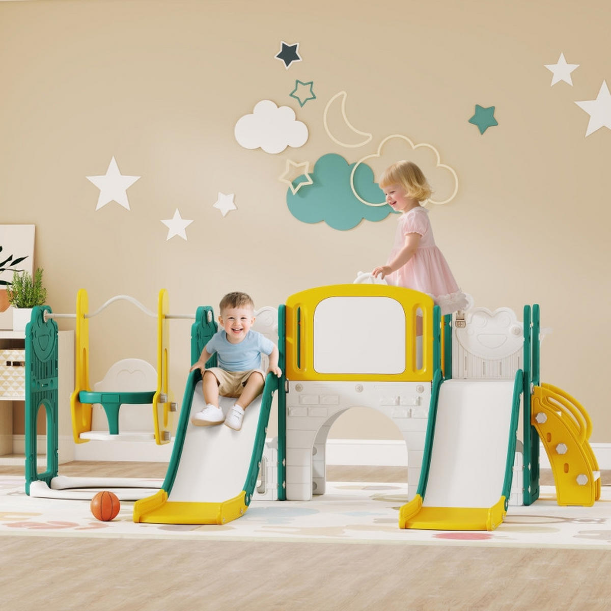 KINDERRUTSCHE 9-in-1 mit Schaukel und Basketballkorb Gelb/Grün - Gelb, Kunststoff (150/94/250cm) - Korfee