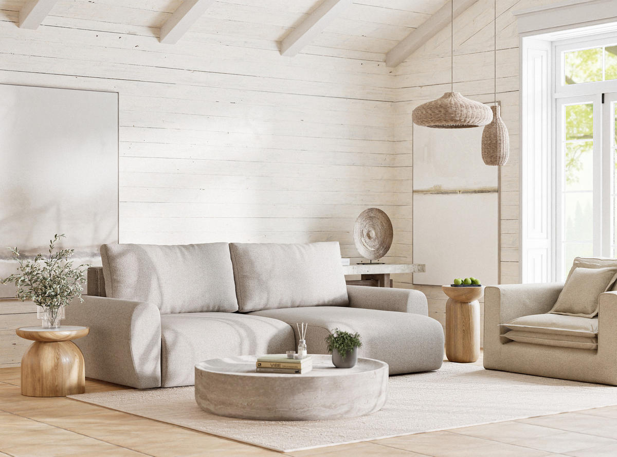 ECKSOFA MIT SCHLAFFUNKTION Numba Hellbeige Webstoff - Creme/Schwarz, Holz/Holzwerkstoff (253/153cm) - Maison de Reve
