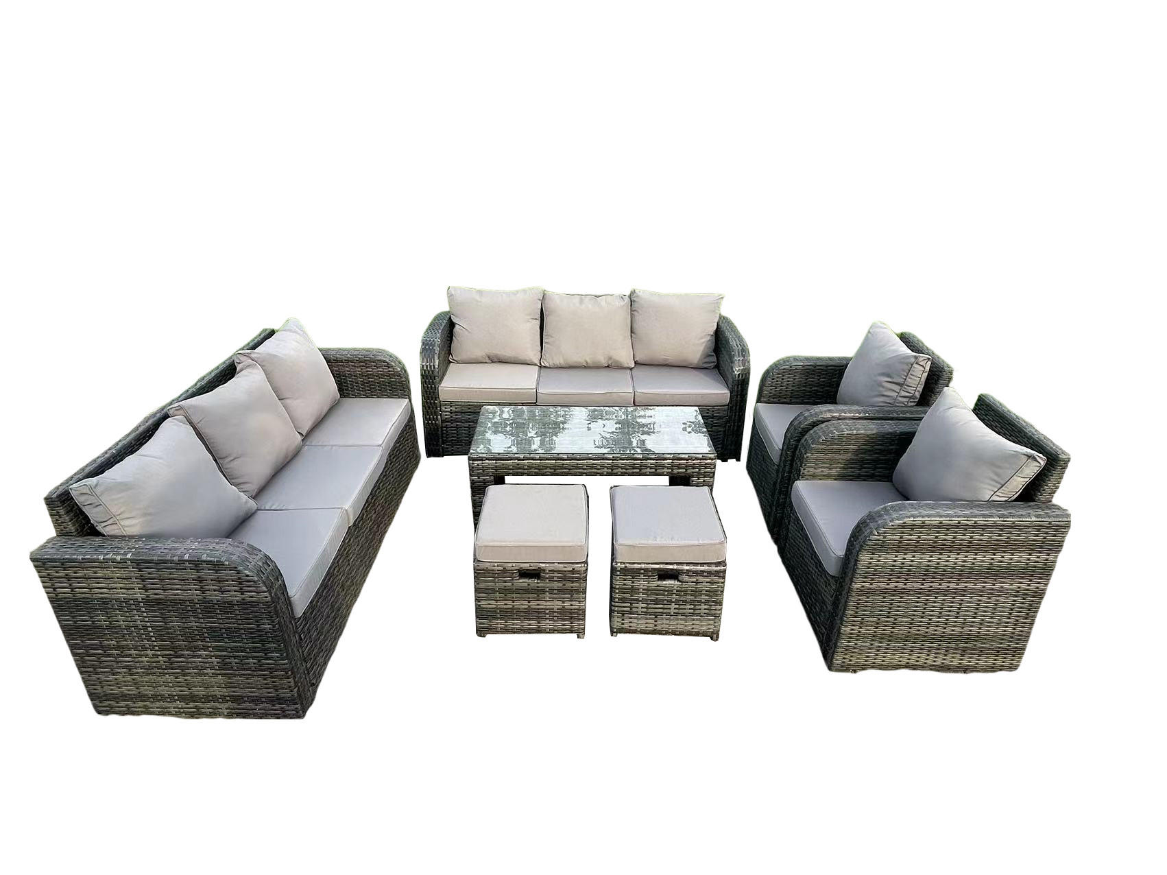 GARTENSET Polyrattan 10-Sitzer - Dunkelgrau/Grau, Glas/Kunststoff - Fimous