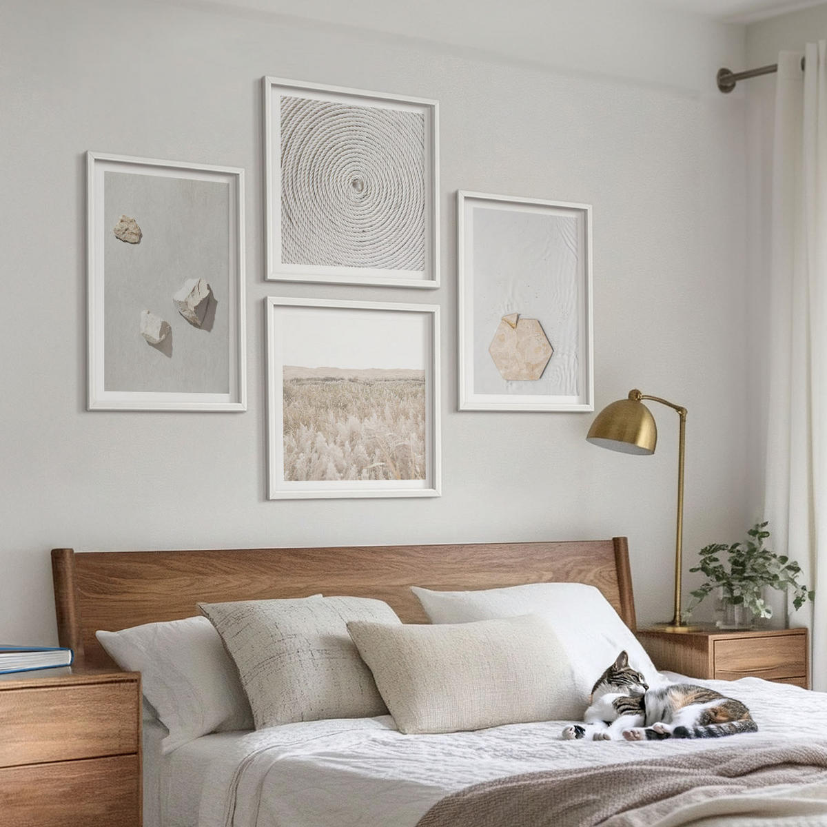 WANDBILDER 4er-Set - 50x50 cm & 40x60 cm Weißer Rahmen - Leichte Boho-Sandtexturen - Weiß, Kunststoff (50/50cm) - ArtPrintCave