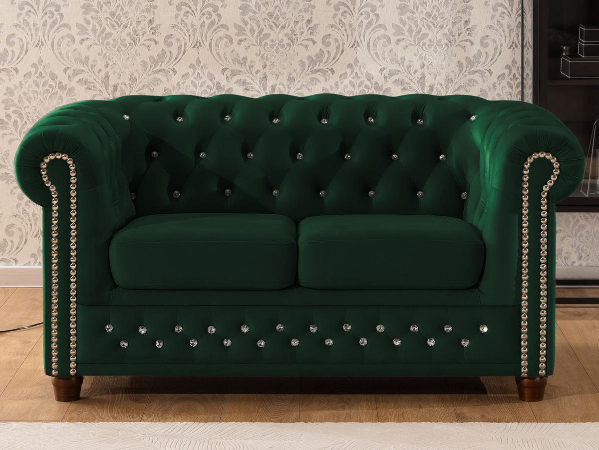 CHESTERFIELD-SOFA 2-sitzer Cleo Blink Flasche Grün Samt mit Kristallsteppung und braunen Massivholzfüßen - Braun/Grün, Holz/Textil (148/72/86cm) - S-Style Möbel