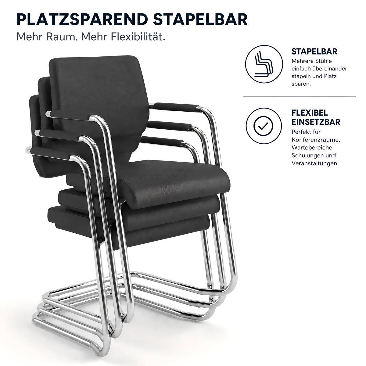 BESUCHERSTUHL V1207 Echtleder Schwarz - ergonomisch, 150 kg belastbar - Schwarz, Leder/Kunststoff (55/86/55cm) - Versee