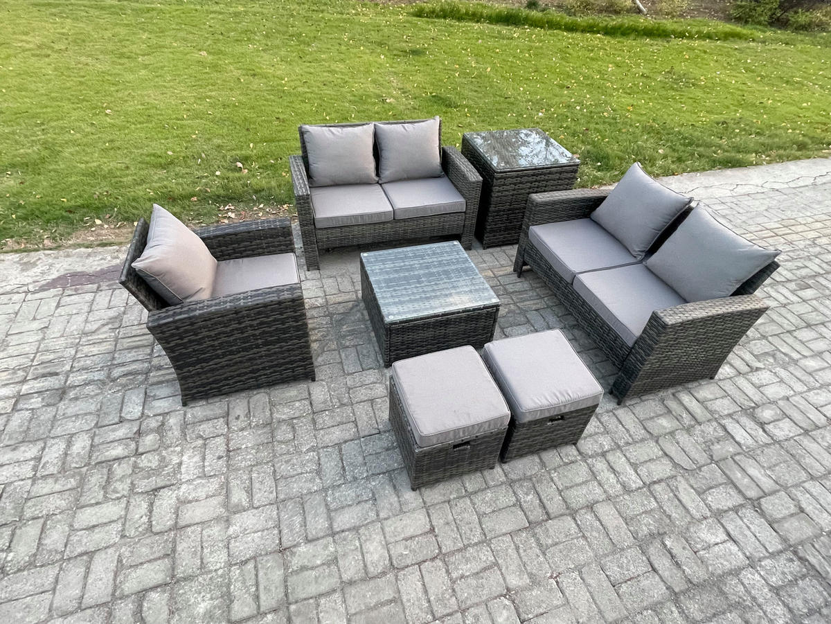GARTENSOFA SET mit Couchtisch Polyrattan Dunkelgrau 7-Sitzer - Dunkelgrau, Metall - Fimous