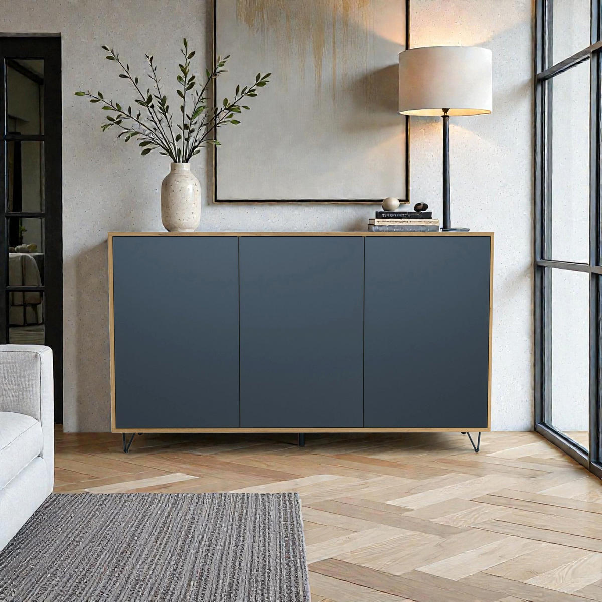 SIDEBOARD Elisa, Kommode mit Push-to-Open, Made in Germany, Moderner Schrank, Eiche Evoke/Anthrazit matt (152,5 x 90,5 x 37 cm) - Anthrazit, Holzwerkstoff (152.5/90.5/37cm) - InnoFurn