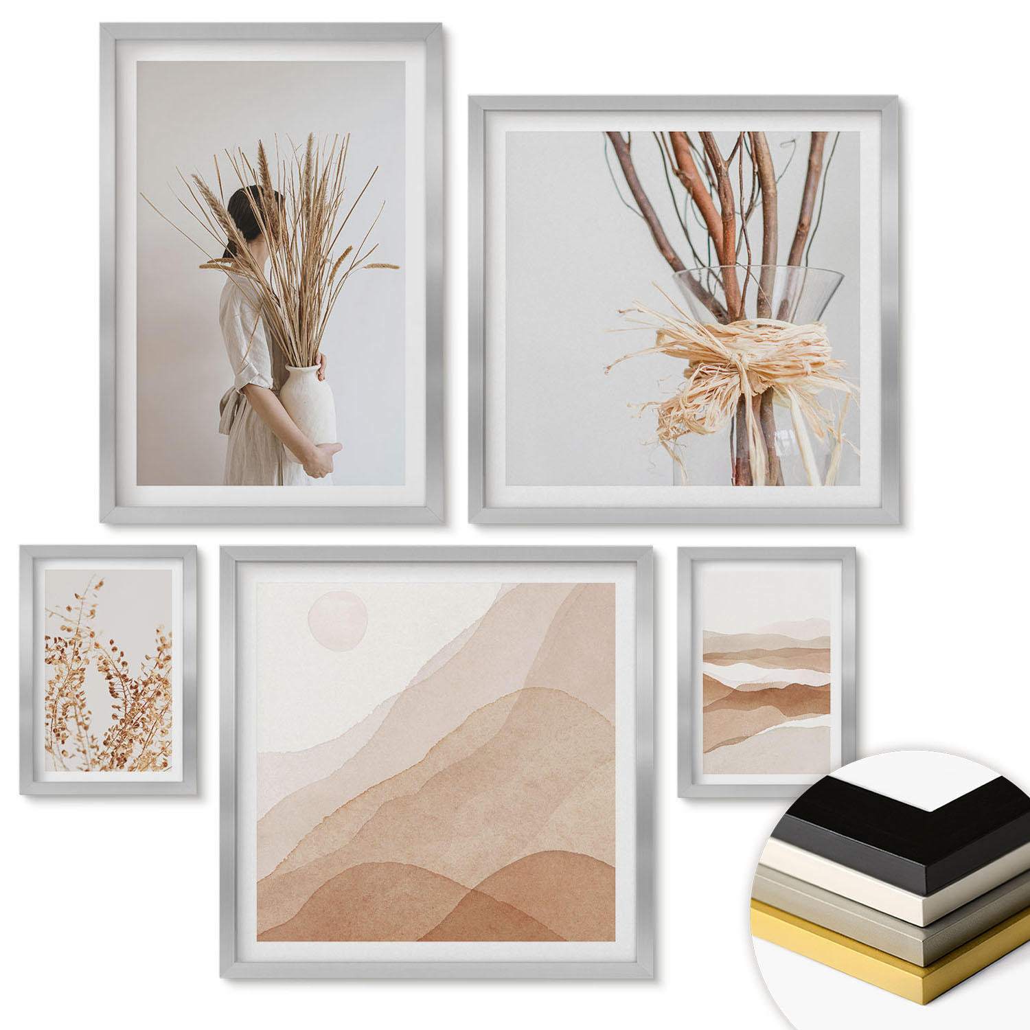 WANDBILDER 5er Set - 50x50 cm & 20x30 cm & 40x60 cm Silberner Rahmen - Pflanzenmotive im Boho-Stil - Silberfarben, Kunststoff (40/60cm) - ArtPrintCave