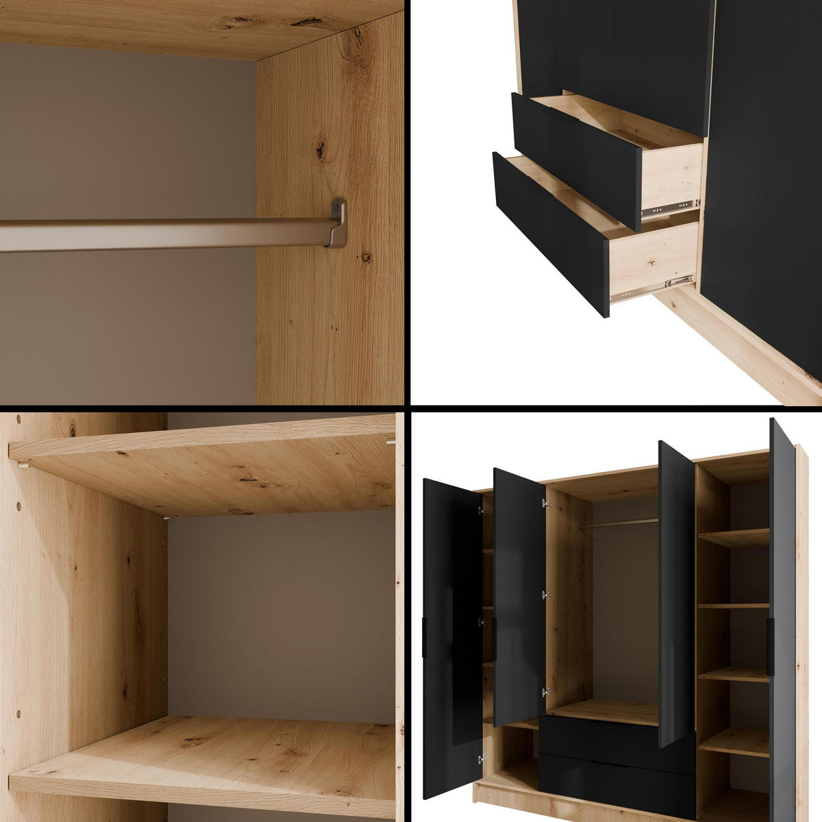 KLEIDERSCHRANK mit Flügeltüren KOLIN 200x200cm Artisan / Schwarz - Schwarz/Eiche Artisan, Holzwerkstoff (200/200/51cm) - ALTDECOR