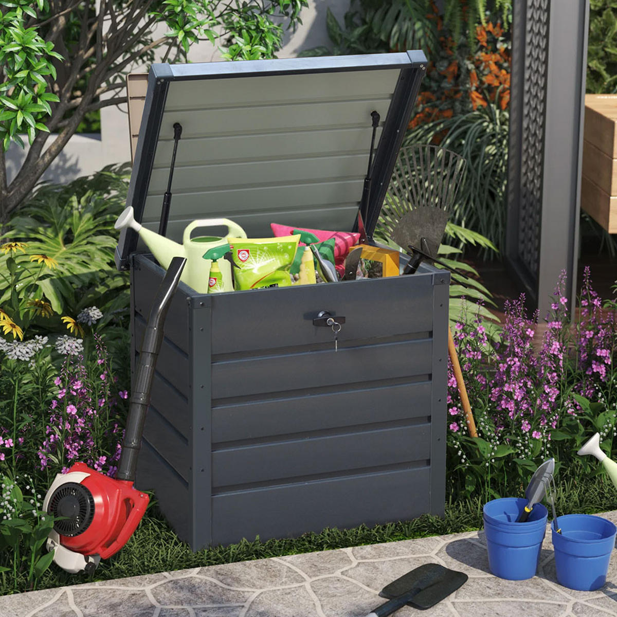 GARTENBOX Auflagenbox Kissenbox 200L aus Metall in Anthrazit in AußenGarten abschließbar 72 x 62 x 63 cm 15 kg - Anthrazit, Metall (72/63/62cm) - Livingandhome