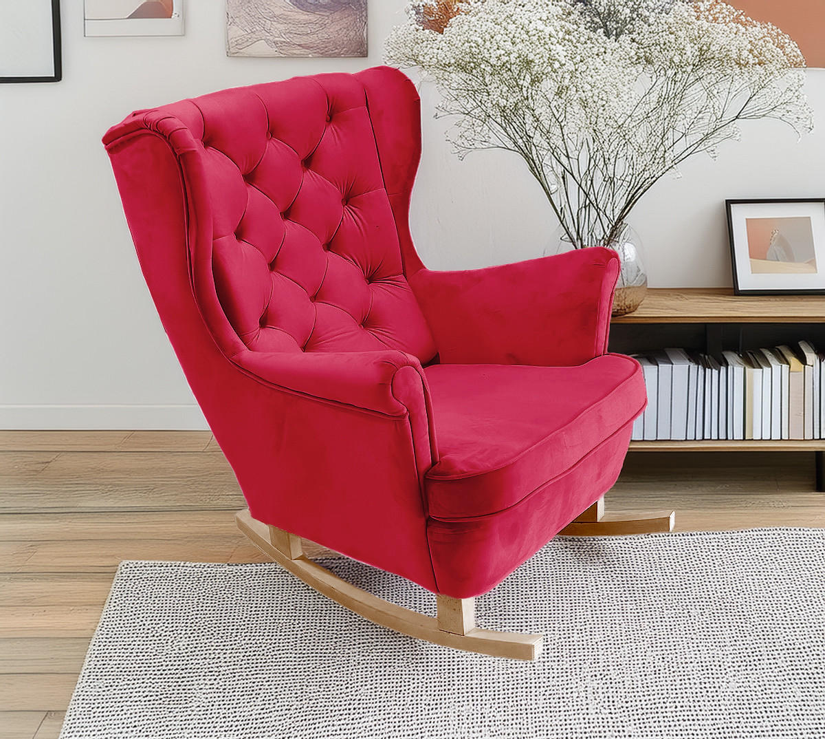 SCHAUKELSESSEL mit gepolstertem Sitz und Armlehnen, 102x81x95 cm, Rot_29837 - Buchefarben/Rot, Holz/Textil (81/102/95cm) - DomoHome