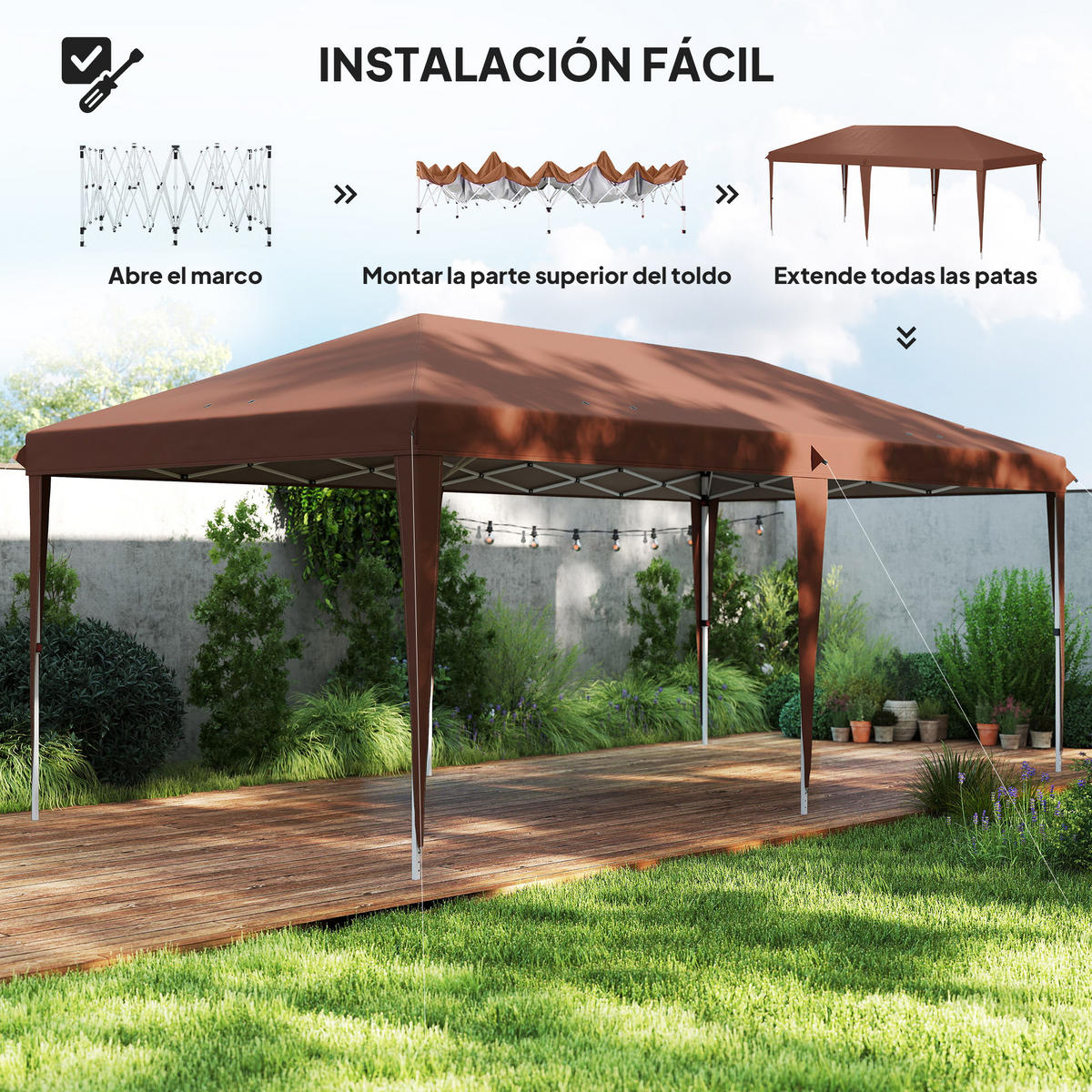 PAVILLON, faltbar mit 3-fach verstellbarer Höhe, 6x3 m, Kaffee - Braun, Metall (295/270/585cm) - Vallsero