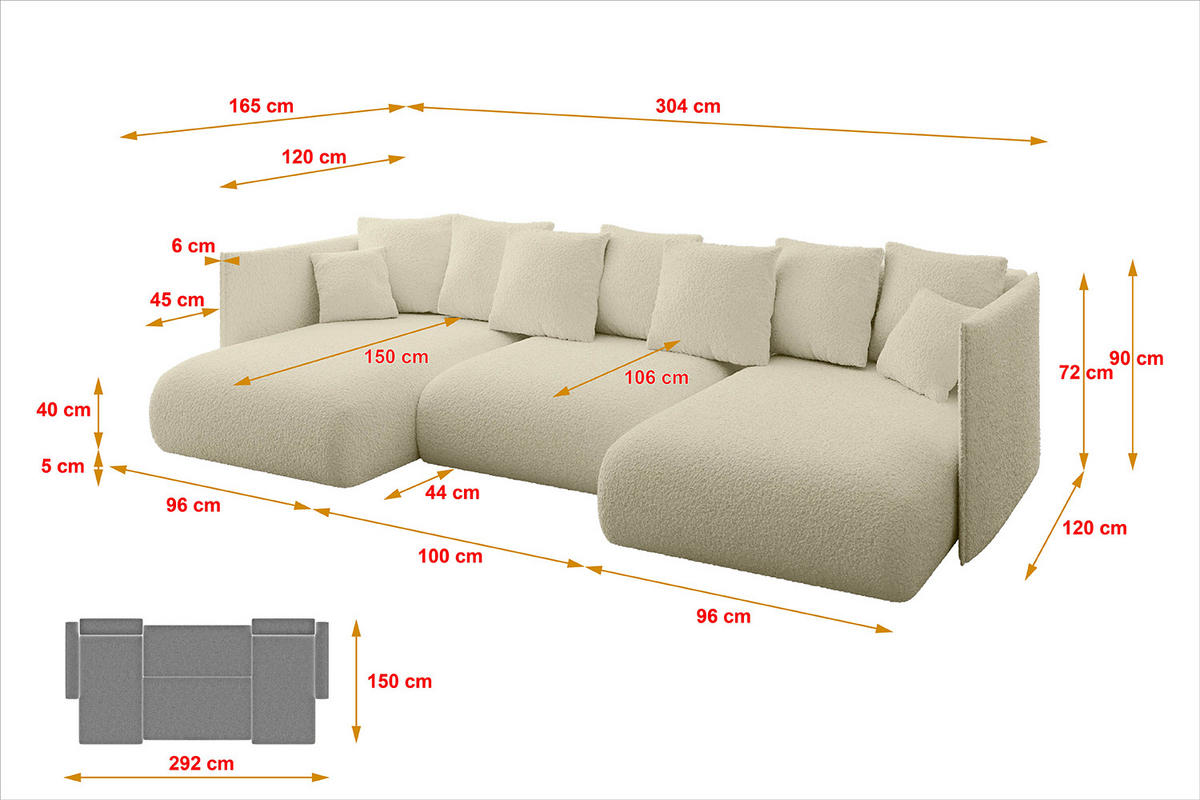 WOHNLANDSCHAFT mit Schlaffunktion und Bettkasten ONESK-U 304x165x40 Beige Bouclé - Beige, Holzwerkstoff/Kunststoff (304/90/165cm) - ALTDECOR