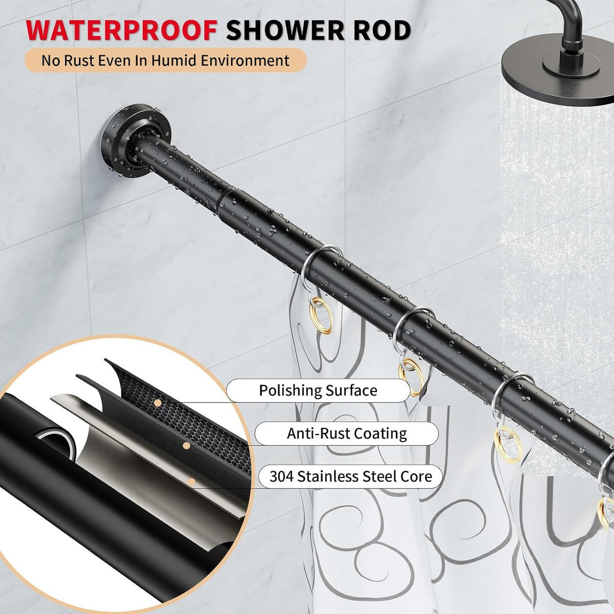 DUSCHVORHANGSTANGE – Schwarz – Verstellbar (68–165 cm) - Schwarz, Metall (44cm)