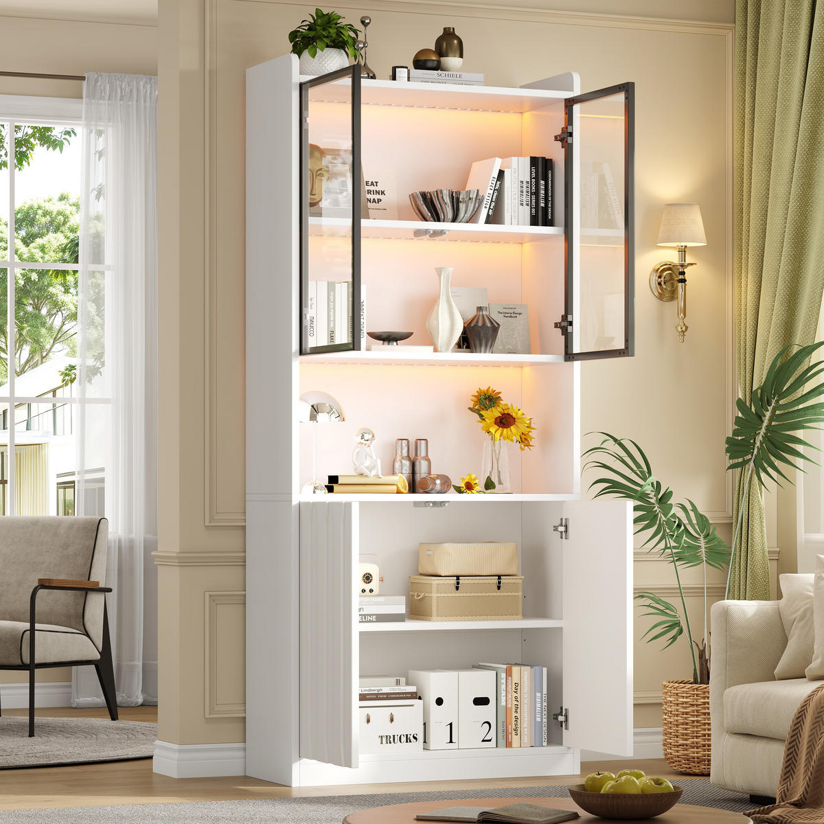 VITRINE 80x35x200 cm Weiß mit LED und Glastüren - Weiß, Holzwerkstoff (80/200/35cm) - FLIEKS