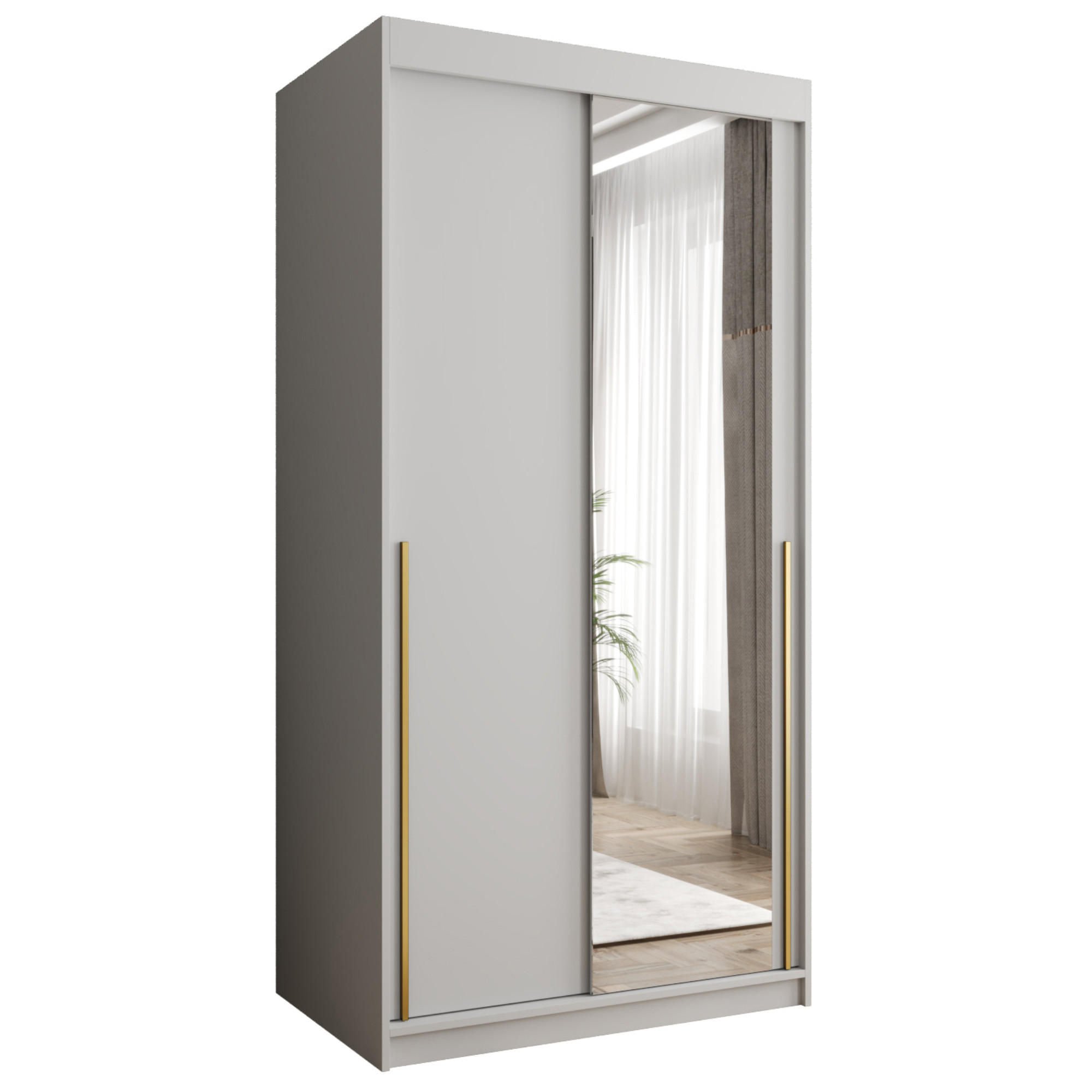 SCHIEBETÜRENSCHRANK mit Spiegel 100 cm Breite, weiß mit Goldgriff - Goldfarben/Weiß, Holzwerkstoff (250/200/62cm) - Home Collective