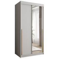 SCHIEBETÜRENSCHRANK mit Spiegel 100 cm Breite, weiß mit Goldgriff - Goldfarben/Weiß, Holzwerkstoff (250/200/62cm) - Home Collective