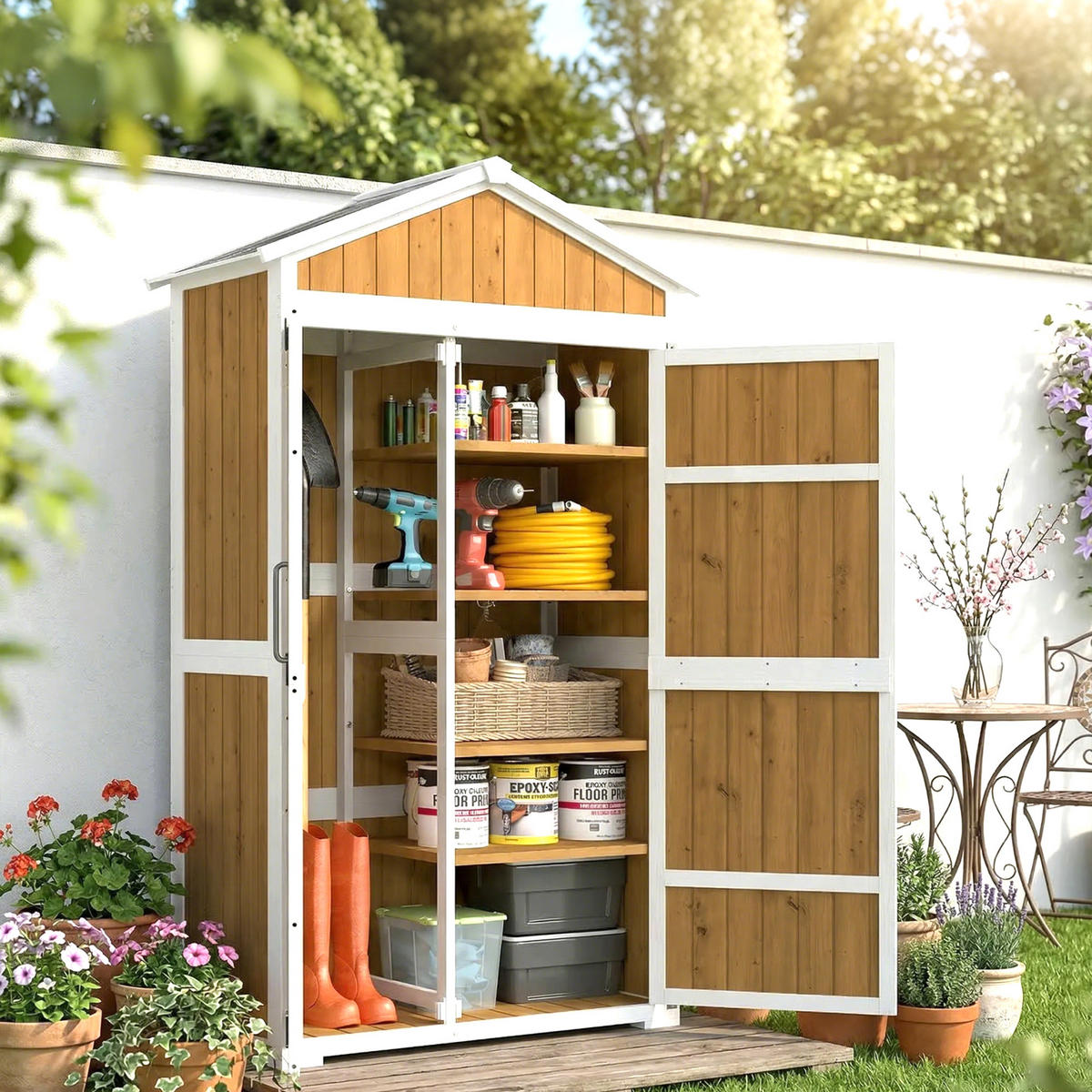 GERÄTESCHUPPEN DE-17624 4 abnehmbare Böden mit Metalldach Naturholz - Naturfarben, Holz (105/179/55cm) - ComfortXL