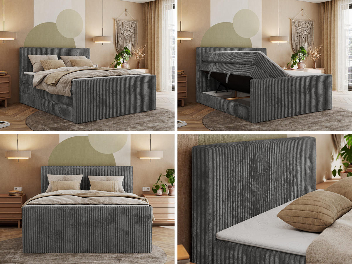 BOXSPRINGBETT TILIANO KING DUO 160/200 - Grau Cord - H4 - Grau, Textil (160/200cm) - MKS