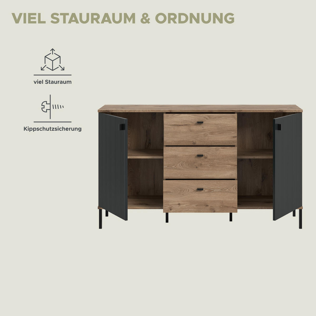 SIDEBOARD CHESS (B/H/T: ca. 154/89/41 cm) in Nox Oak Nachbildung/schwarz - Eichefarben, Holzwerkstoff (154/89/41cm)