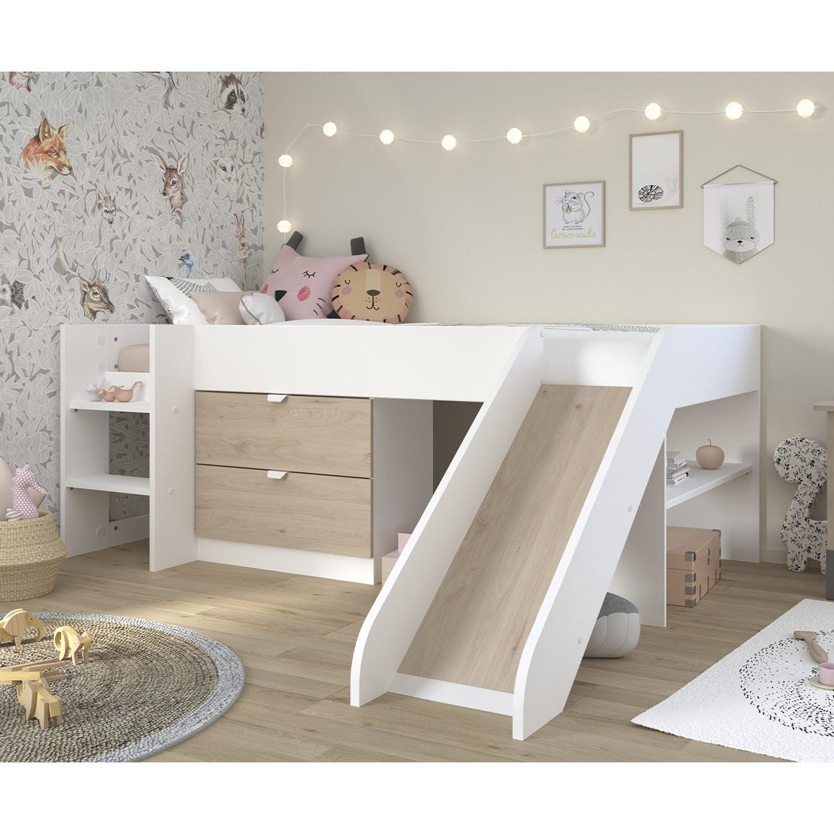 HALBHOCHBETT mit 2 Schubladen und Rutsche 90x200 cm - Tobo - Apfelbaumfarben, Holzwerkstoff (90/200cm) - Calicosy