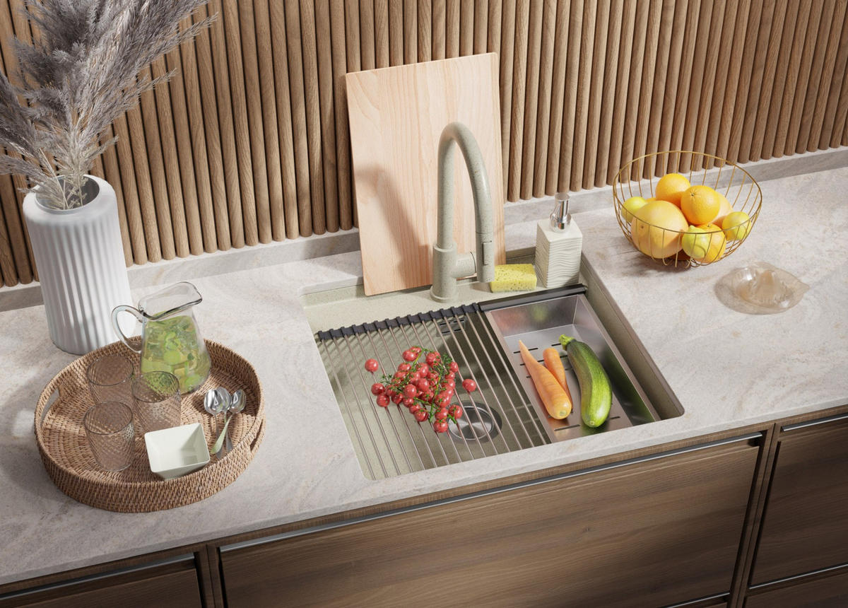 UNTERBAUSPÜLE GRANIT Bergen, 2-er set Beige 56/53 cm 1 Becken + Küchenarmatur 32/20 cm + Ablauf-Set + Schneidebrett ab 60er Unterschrank - Chromfarben/Beige, Kunststoff (56/20/53cm) - Primagran