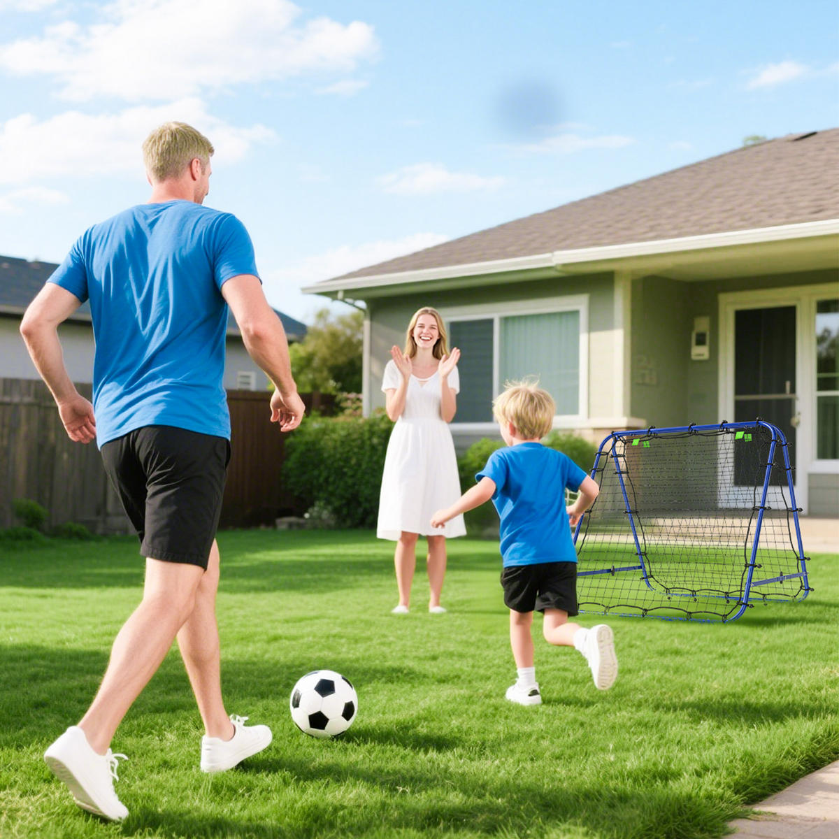 FUßBALL REBOUNDER, PE, Blau, 100 x 95 x 90 cm - Blau, Metall (95/100cm) - HOMCOM