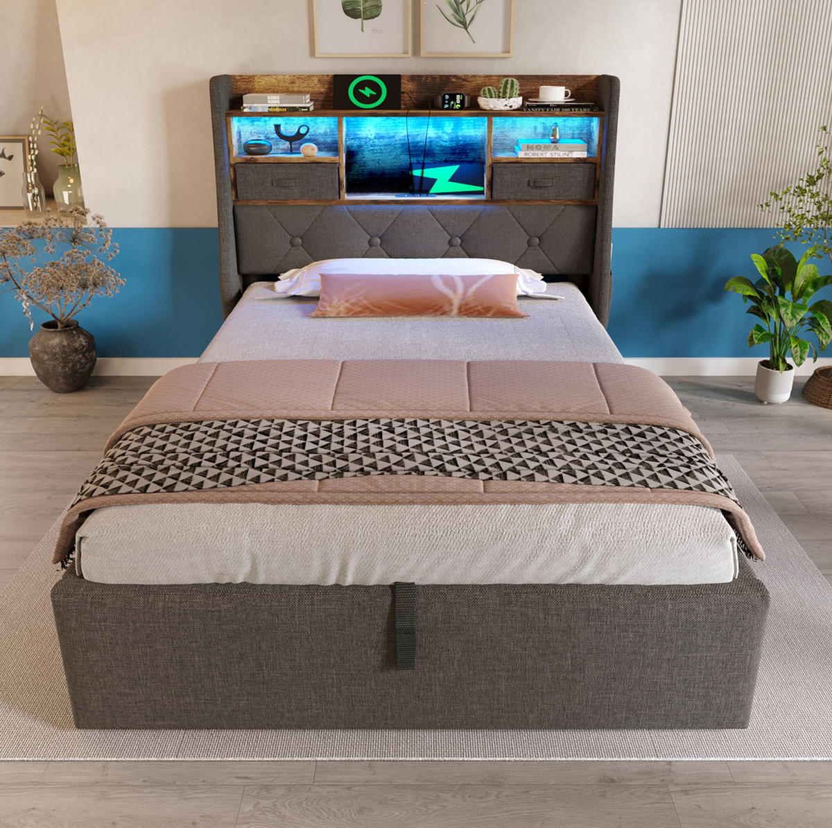 POLSTERBETT aus Leinenstoff 90x200 cm Grau mit hydraulischem Bettkasten, LED und USB-/Type-C-Anschlüssen - Grau, Textil (90/200cm) - IVMEU