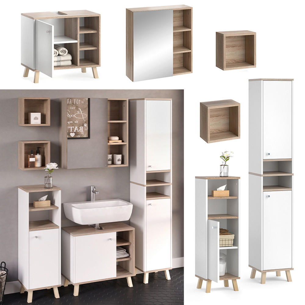 BADMÖBEL-SET Senyo Weiß 5 Teile, mit Hochschrank - Weiß/Sonoma Eiche, Holzwerkstoff (62/54/32cm) - Vicco