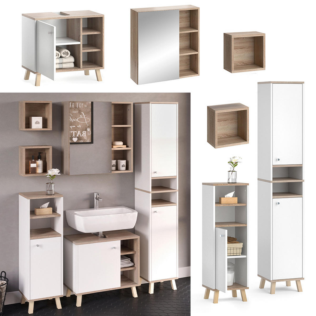 BADMÖBEL-SET Senyo Weiß 5 Teile, mit Hochschrank - Weiß/Sonoma Eiche, Holzwerkstoff (62/54/32cm) - Vicco