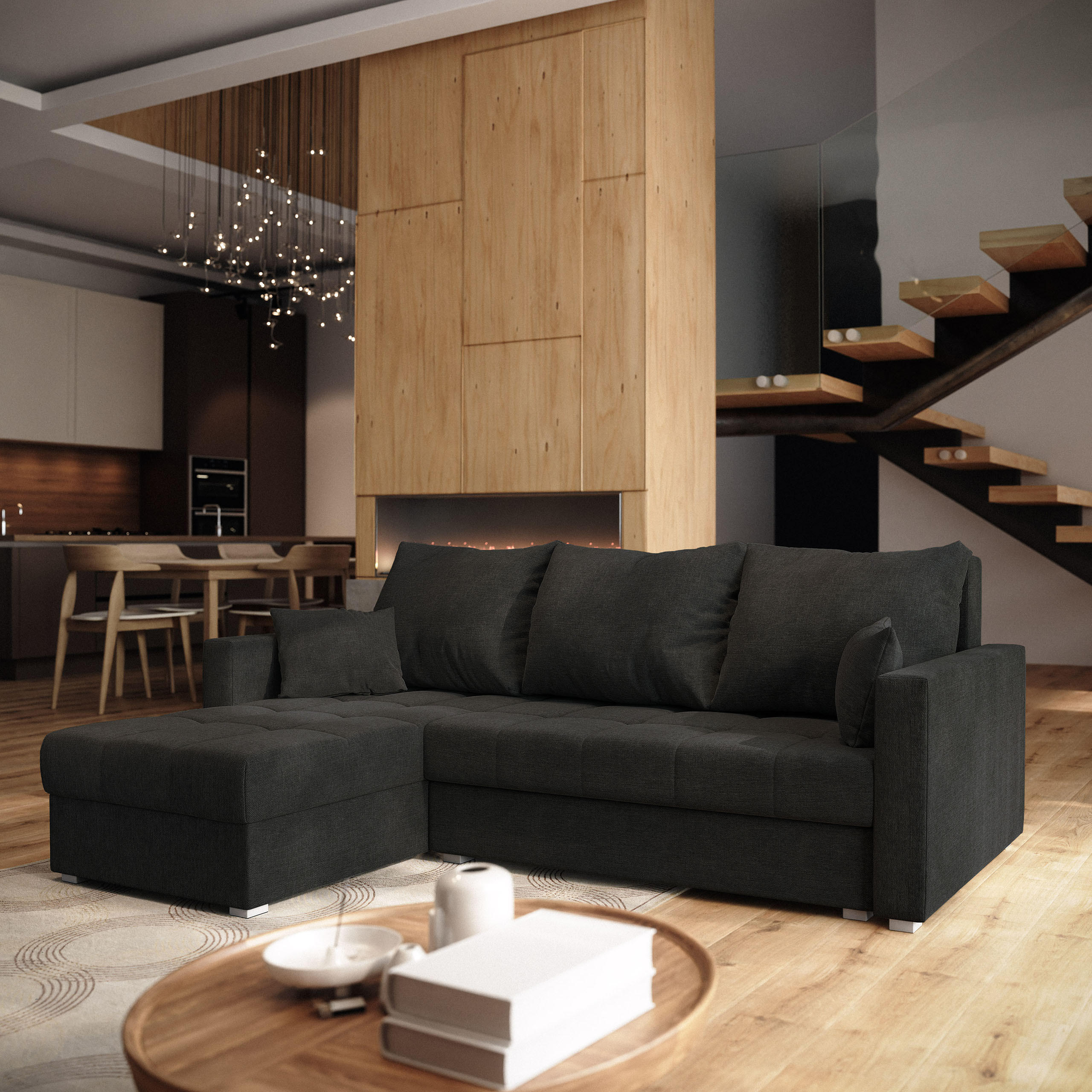 ECKSOFA NIDA Schwarz Geflochtener Stoff mit Schlaffunktion - Schwarz, Holz (220/143cm) - MASSENO