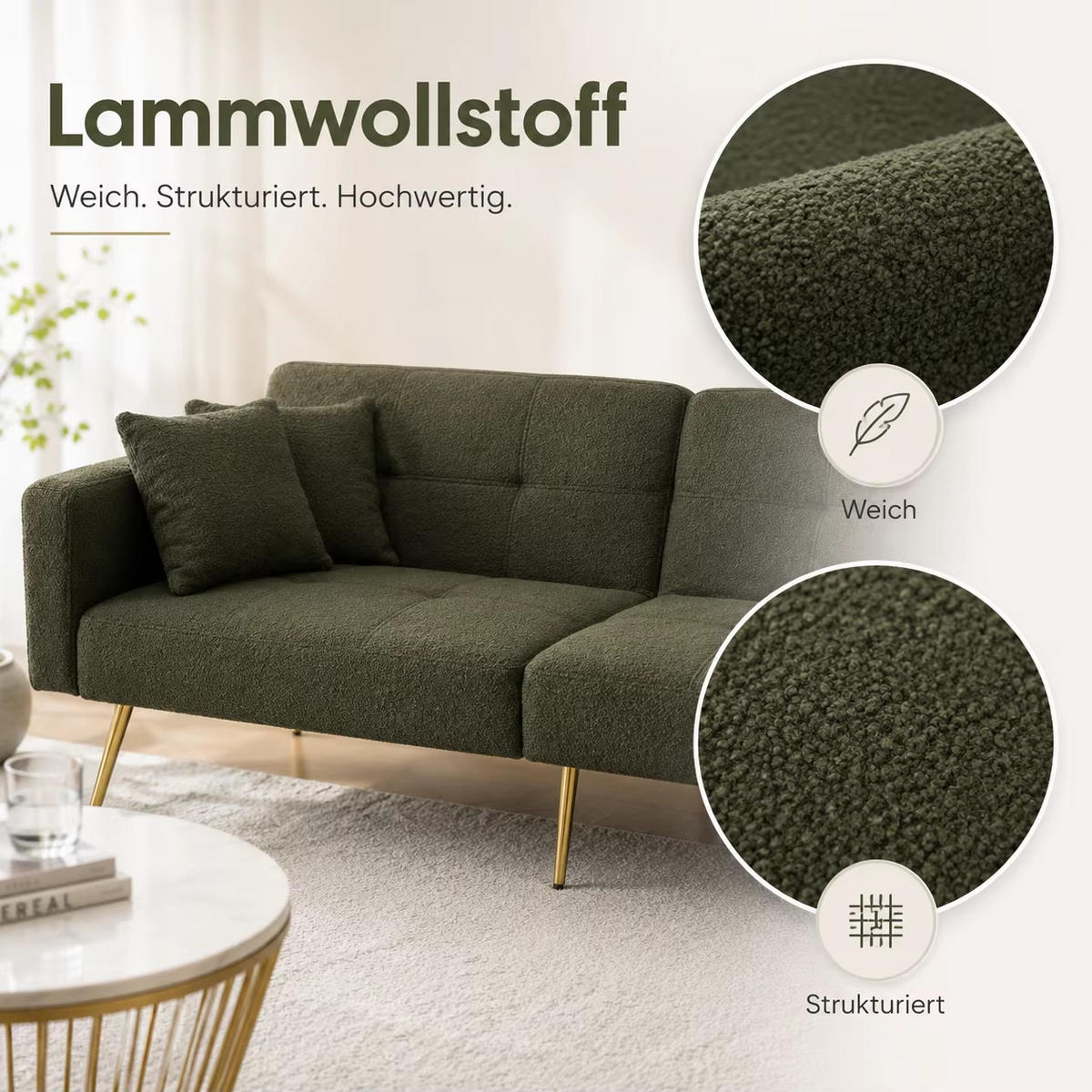 SCHLAFSOFA 2-Sitzer Sherpa, Verstellbare Rückenlehne mit Bettfunktion, Antikgrün - Dunkelgrün, Textil (175/72/64cm) - Kaket
